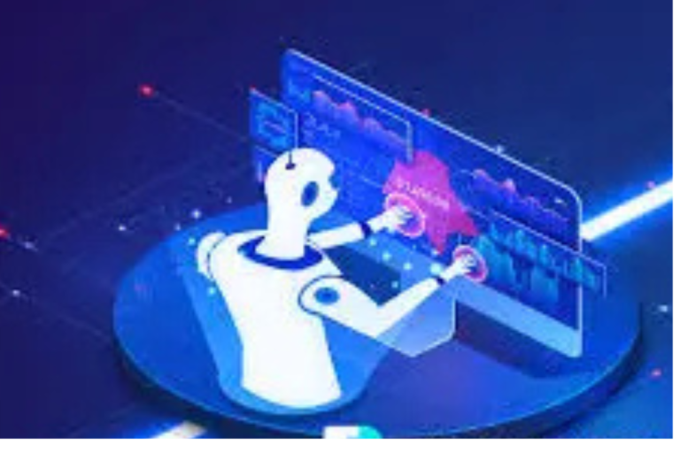 A futuristic robot interacts with digital financial charts on a holographic screen in a blue-lit environment. The best crpto signal at the bottom.