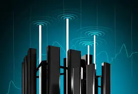 1. A cluster of black towers emitting wireless best crypto signals against a clear blue sky.
