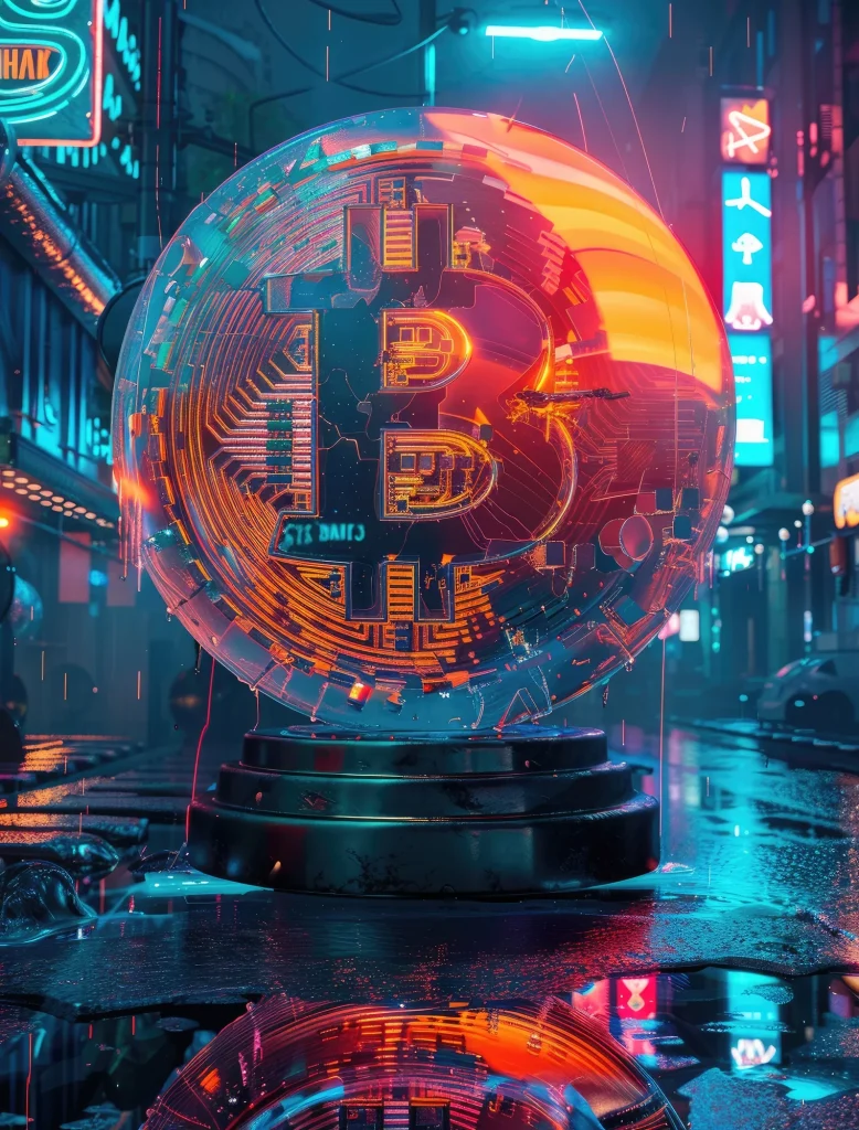 Bitcoin symbol inside a glowing sphere on wet pavement.