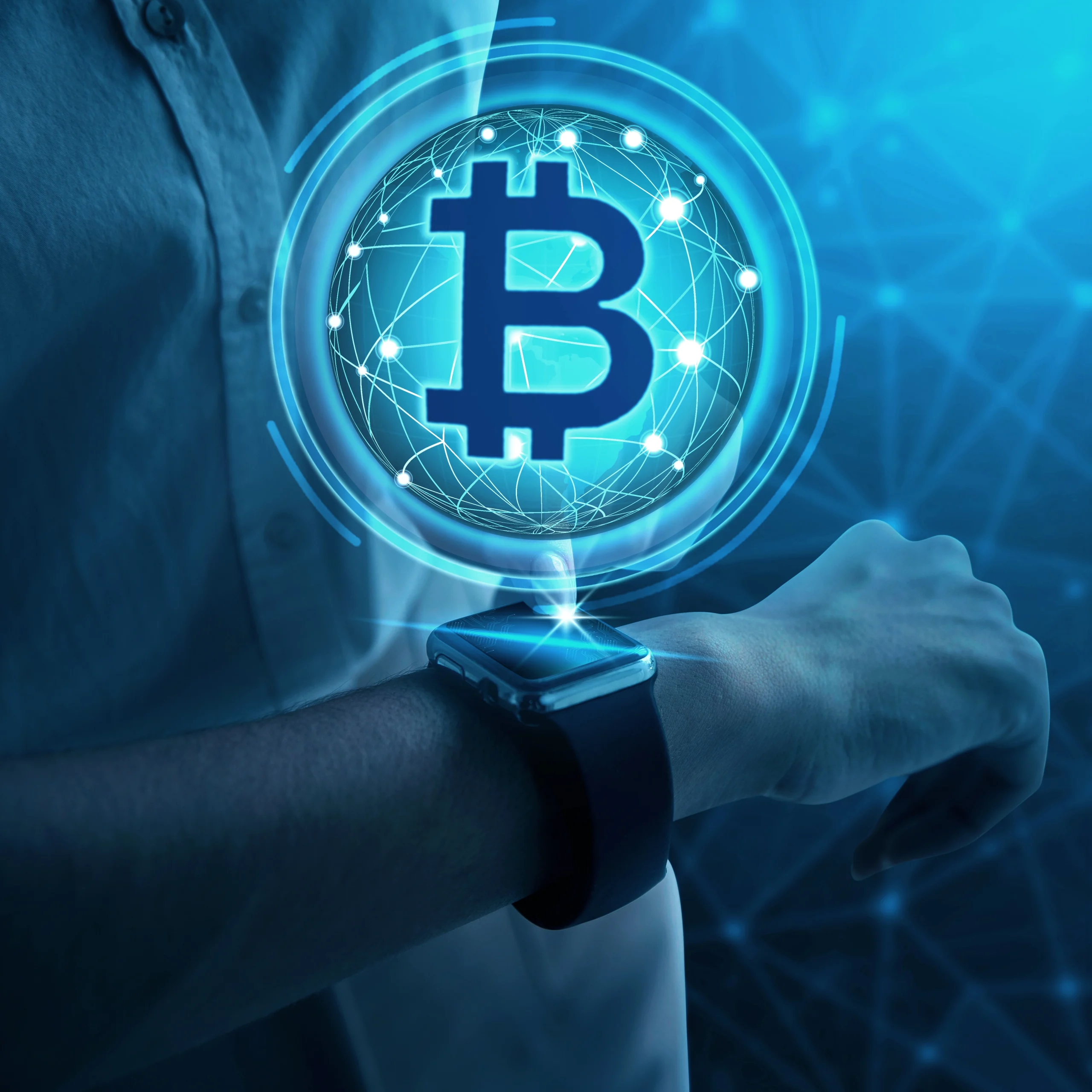 Hand wearing smartwatch with Bitcoin symbol above it.