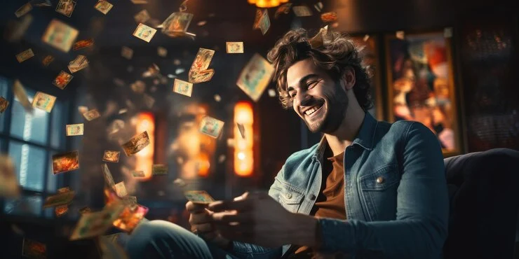 A smiling man is focused on playing a video game, crypto reflecting his enthusiasm and enjoyment of the gaming experience.