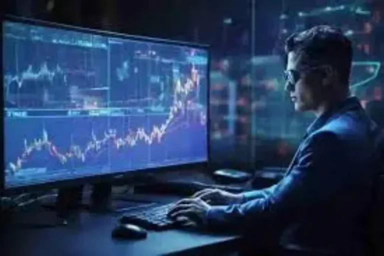 A man at a desk with two screens, analyzing stock market data and Crypto Trading Mistakes trends.