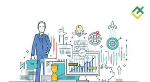 A businessman in a suit stands beside a computer displaying growth charts, surrounded by icons representing finance, goals, and innovation.