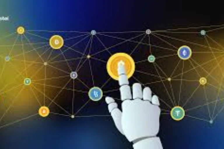A robotic hand interacts with a digital network of cryptocurrency icons, symbolizing technology and cryptotrend blockchain connectivity.