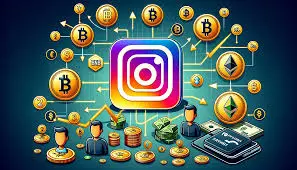 Central cryptocurrency icon encircled by coins and cash, representing the financial aspect of digital currencies.