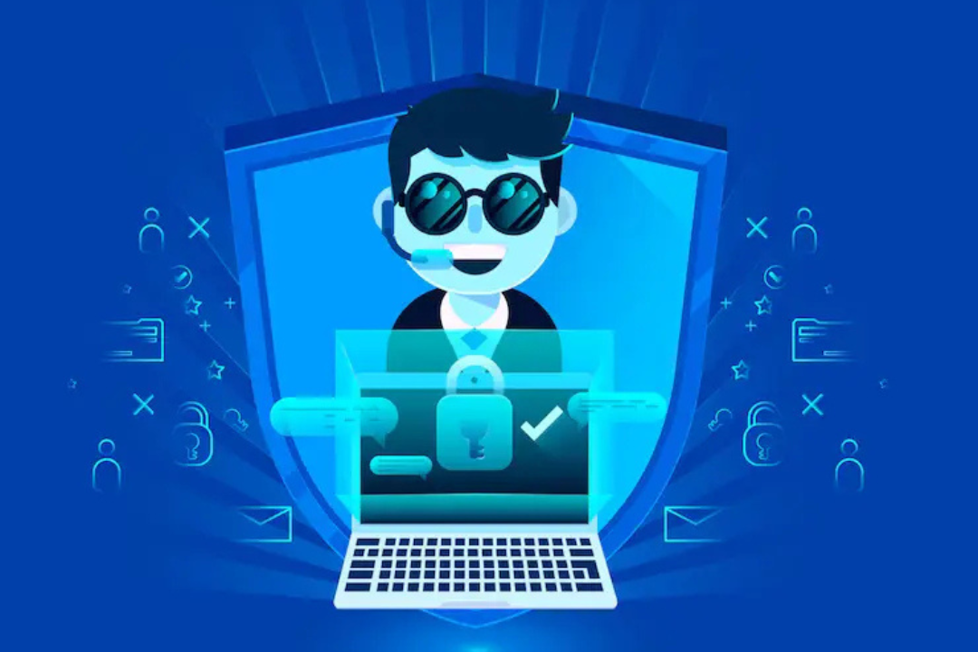 A suited man with sunglasses holds a laptop Telegram Voice Call: Secure, Reliable to Guide exuding a professional and modern appearance.