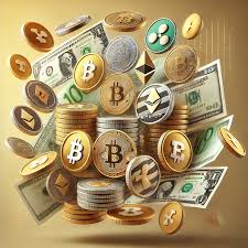A pile of various coins and Bitcoin on a shimmering gold background, symbolizing wealth and digital currency.