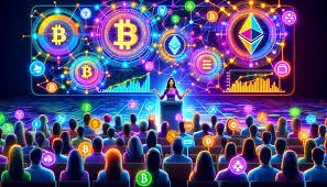 A large crowd sits before a screen displaying various colored coins of crypto creating a vibrant and engaging atmosphere.